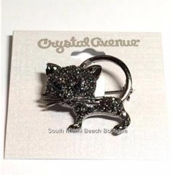 Silver Crystal Kitty Cat Pin Brooch Black Kitten Halloween Sparkly Crystals - Picture 3 of 5